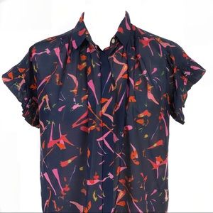 Birds of Paradise Print Navy Ruffle Sleeve Blouse